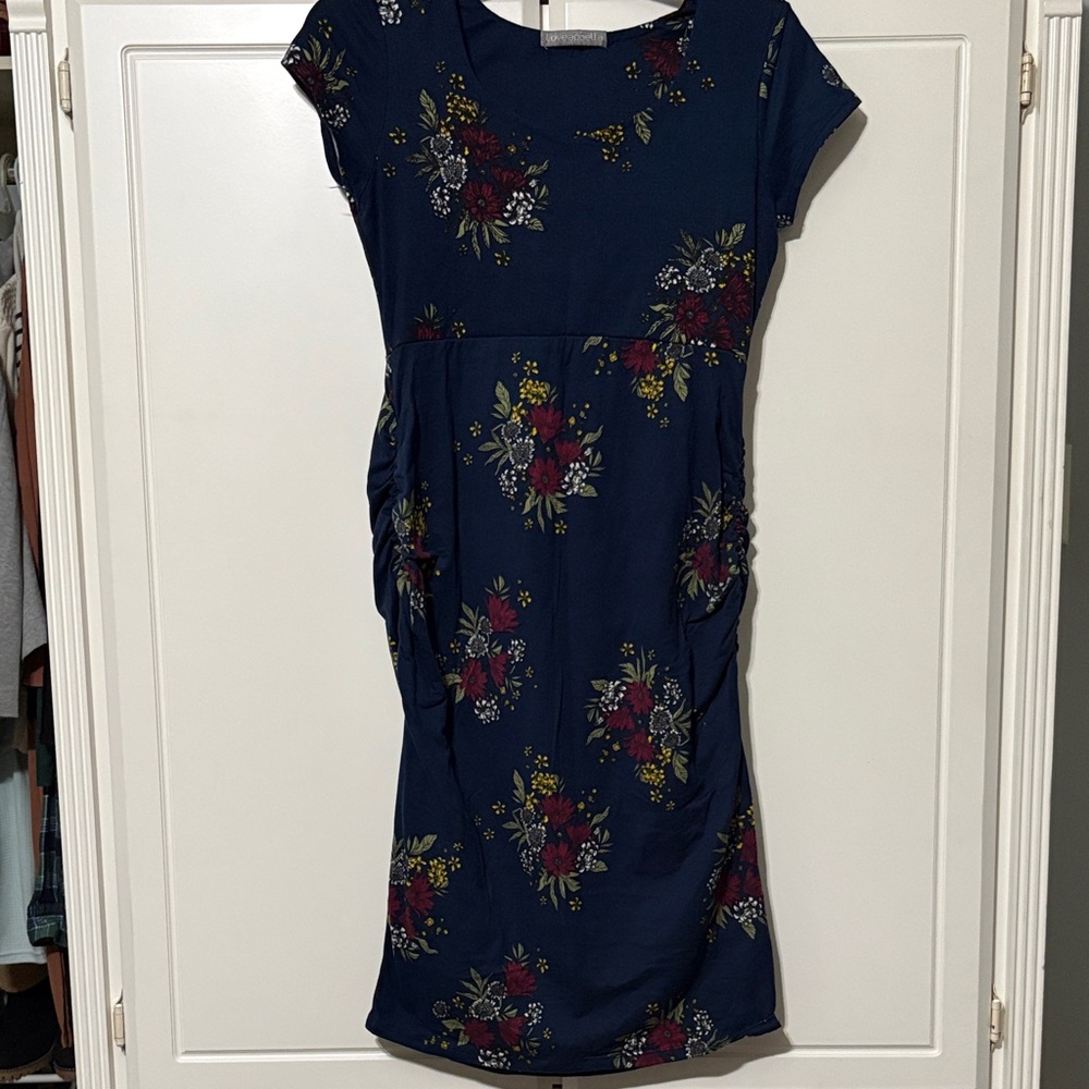 Maternity: Loveappella Navy Floral Midi Dress with Short Sleeves